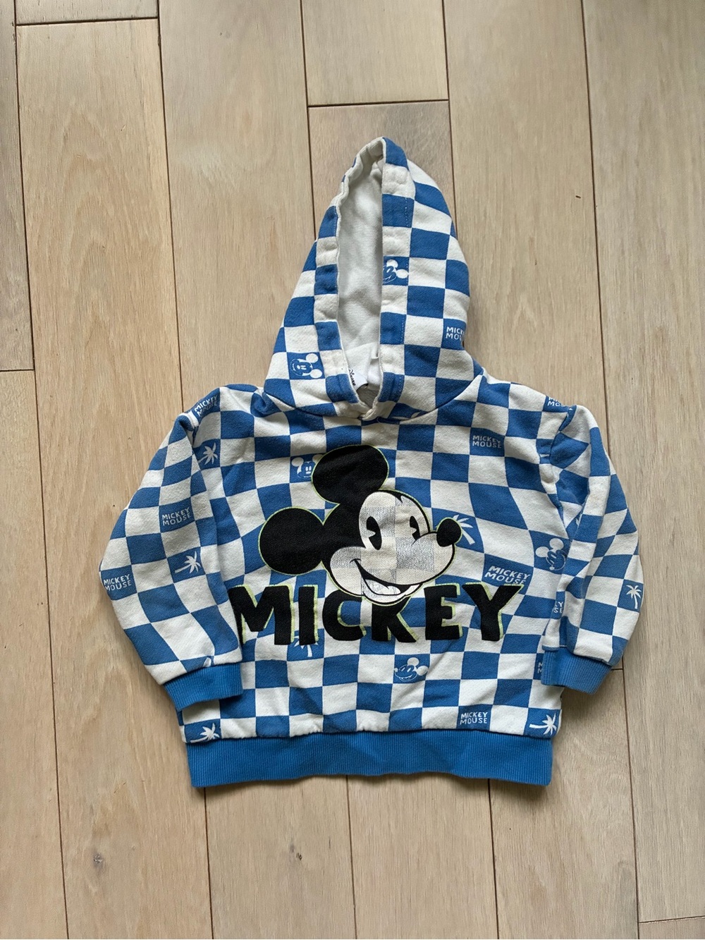 Zara Disney Kids Mickey Blue & White Checkered Kids Hoodie EUC Size 2-3